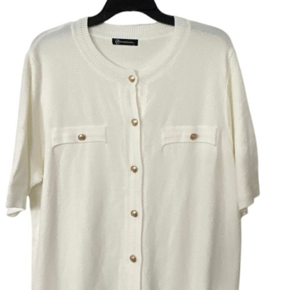 PRETTY GARDEN Ivory Minimalist Short Sleeve Cardigan Sweater L Quiet Luxury - Picture 5 of 11